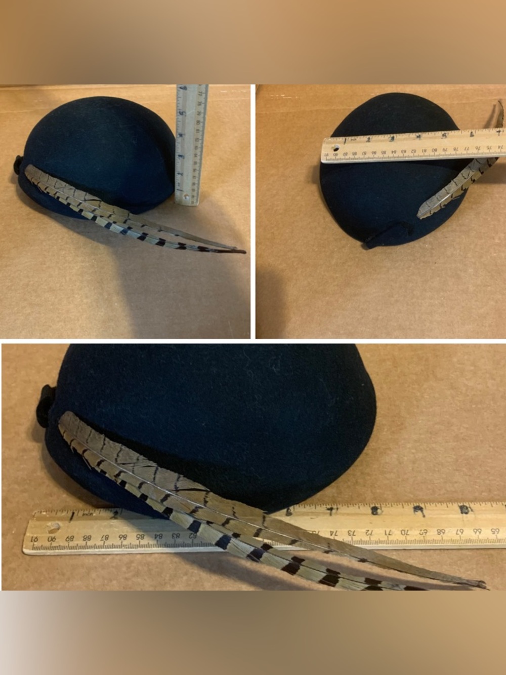 VINTAGE STYLED BY CORALIE 1960'S BLACK WOOL FELT BEANIE CAP WITH FEATHER - Picture 9 of 9